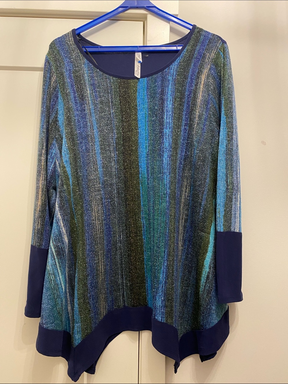 NY Collection Blue & Green Metallic Stripe Long Sleeve Tunic